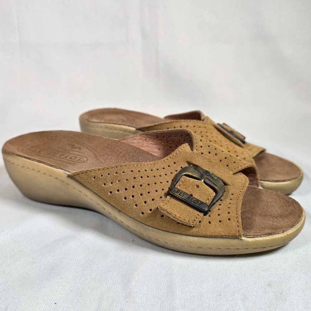Fly Flot Sandals Womens 37 Anatomic Slide Beige Leather Slip On Casual Wedge